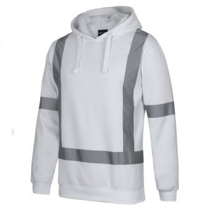 jb's white fleece hoodie with reflective tape front